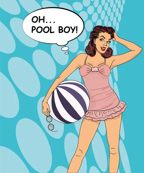 Popart menina com bola de praia e maiô — Vetor de Stock