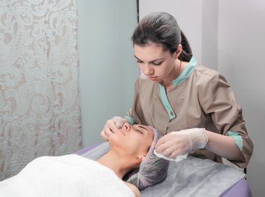 Spa, terapi, için genç, kadın, alma, yüz bakımı, maske, güzellik, salon