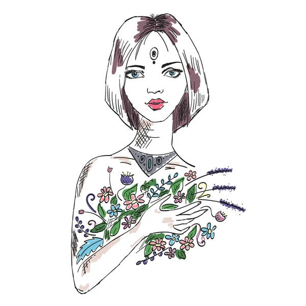 Skica ženy s květy — Stockový vektor