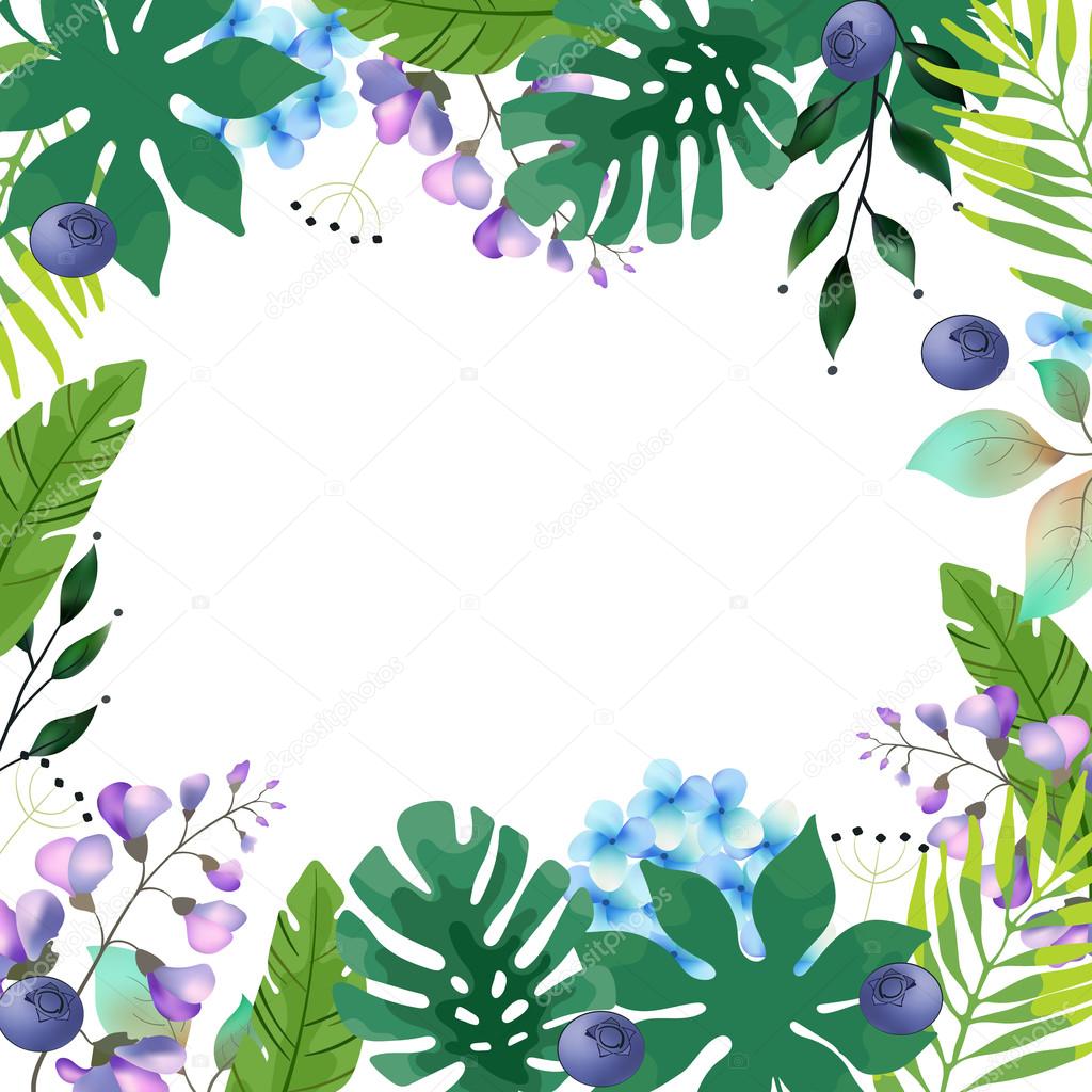 Illustrazione vettoriale di un astratto con fiori e foglie tropicali Flora esotica con posto per testo Cartolina d auguri di tropicale — Vettoriali di