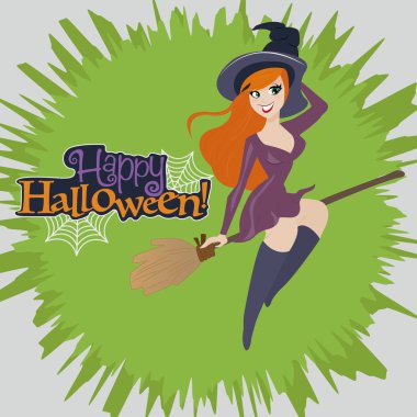 Bir süpürge üzerinde uçan bir Halloween cadı vektör çizim