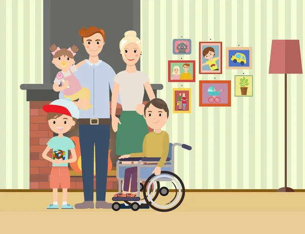 Ritratto di famiglia felice con bisogni speciali bambino — Vettoriale Stock