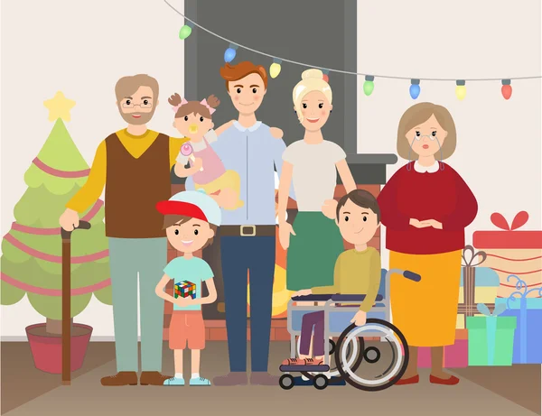 Grande famiglia di Natale a casa illustrazione vettoriale — Vettoriale Stock