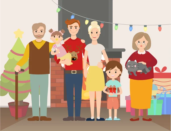 Ilustración vectorial del retrato familiar de Navidad — Vector de stock