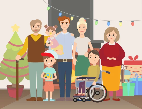 Gran familia de Navidad en casa vector ilustración — Vector de stock