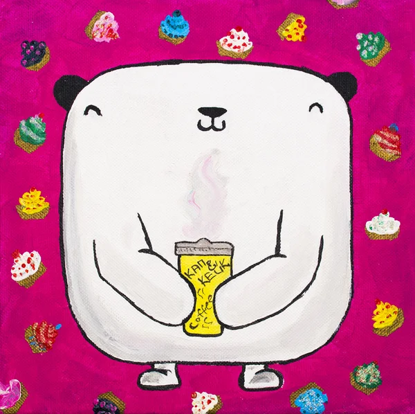 Розфарбований білий плюшевий ведмедик з кавою і кексами — стокове фото