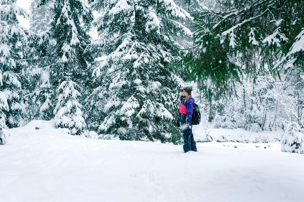 Winter reizen meisje met een rugzak in bos — Stockfoto