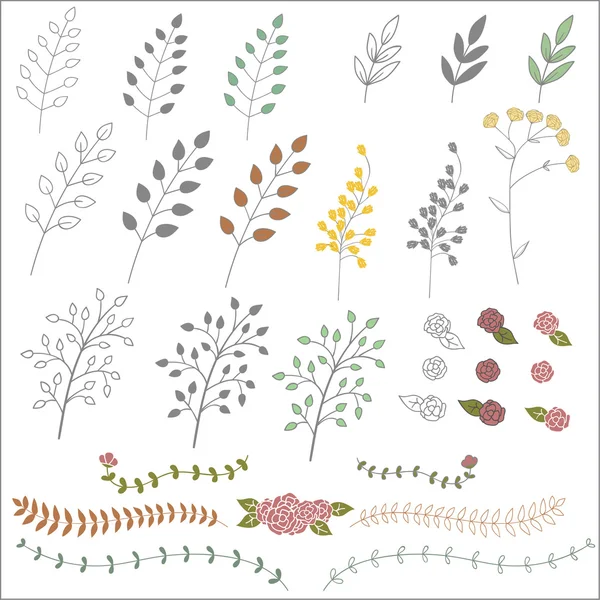 Handgezeichnete Vintage-florale Elemente. Reihe von Zweigen, Symbolen und dekorativen Elementen. — Stockvektor