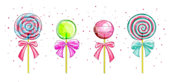 Bonbons, Lutscher. Vektor-Set von Süßigkeiten, spiralförmig gestreifte Lollypops, isoliert auf weißem Hintergrund. Verdrehte und wirbelnde Lutscher auf Stöcken — Stockvektor