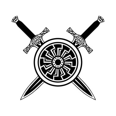 Kılıç kalkanı dövmesi, Viking seti. Kelt şövalye amblemi logosu