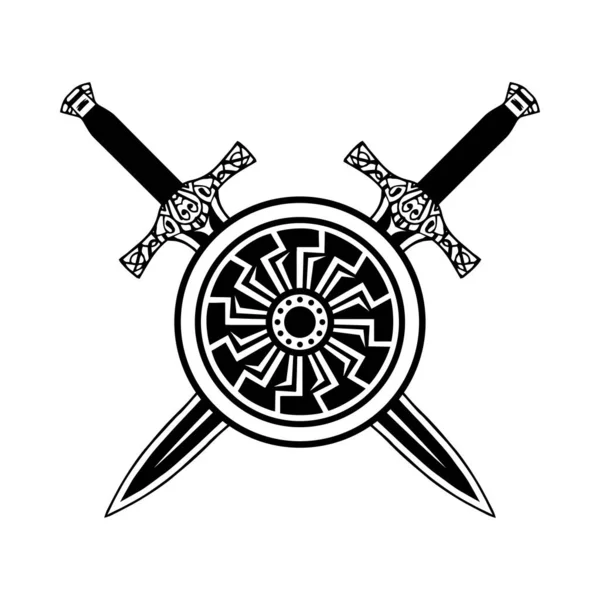 Tatouage Bouclier Épée Ensemble Viking Imprimé Logo Emblème Chevaleresque Celtique Vecteur En Vente