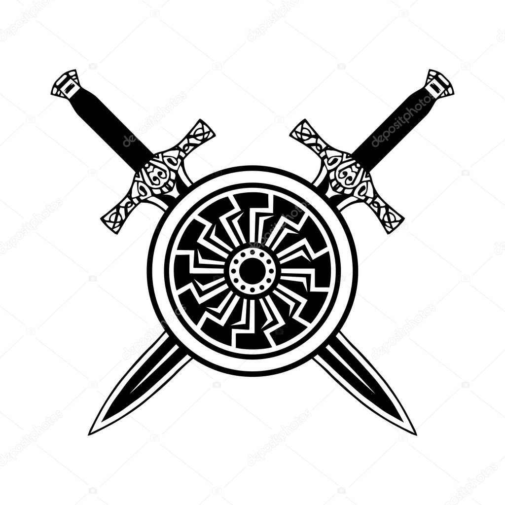 Sword shield tattoo, viking set. Celtic knightly emblem logo print