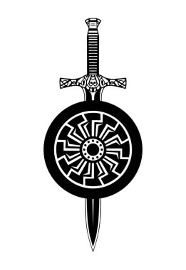 Kılıç kalkanı dövmesi, Viking seti. Kelt şövalye amblemi siyah ve beyaz baskı.