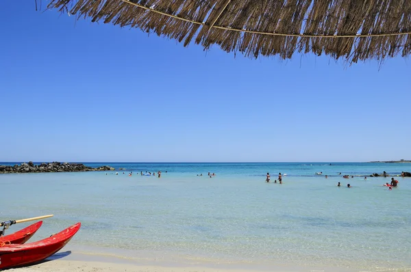 Blue sea viewed from a straw umbrella — Stock Photo, Image