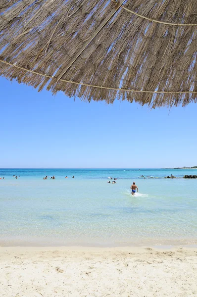 Mare limpido visto da un ombrello di paglia — Foto Stock