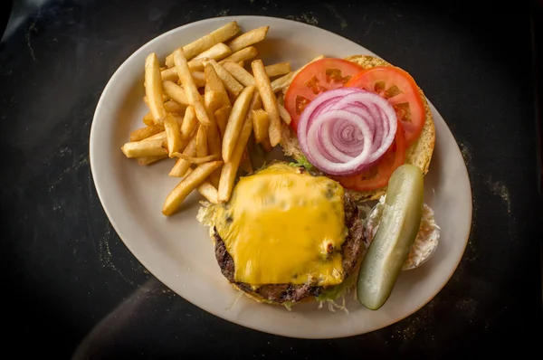 Cheeseburger Fries Pickle — Stock Photo, Image