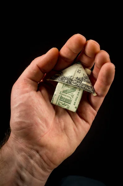 Hand Holds Origami Paper Money House Real Estate Housing Market — Stock Photo, Image