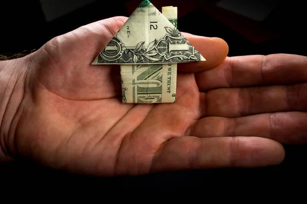 Hand Holds Origami Paper Money House Real Estate Housing Market — Stock Photo, Image