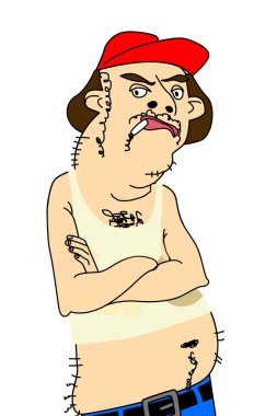 Smug and confident gross fat man with belly hanging out smoking a cigarette illustration clipart