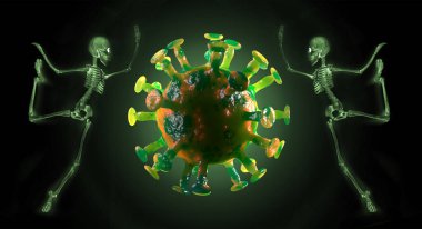 Salgının ne kadar korkunç olduğunu göstermek için koronavirüs kavramına sahip ürkütücü iskeletler.