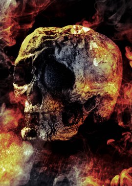 Korkunç iblis Cadılar Bayramı İskelet kafatası ateşte yanıyor