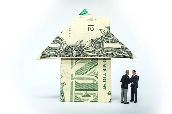 Miniature Figurine Businessmen Origami Paper Money Houses Real Estate Housing — Stock Photo, Image