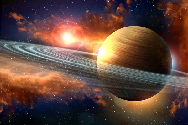 Saturn Planeta Układ Słoneczny Pierścieniami Gwiazdy Chmury Kosmiczne Ilustracja — Zdjęcie stockowe