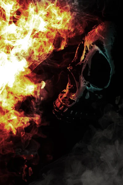 Scary Demon Halloween Skeleton Skull Burning Fire — Stock Photo, Image