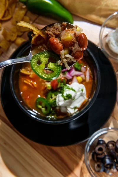 Meksika Biftekli Taco Çorbası Fasulye Süslemeli — Stok fotoğraf