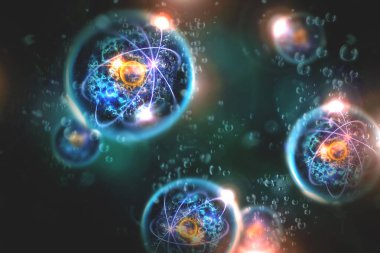 Atomik parçacık arkaplan biliminin 3 boyutlu illüstrasyonunu kapat