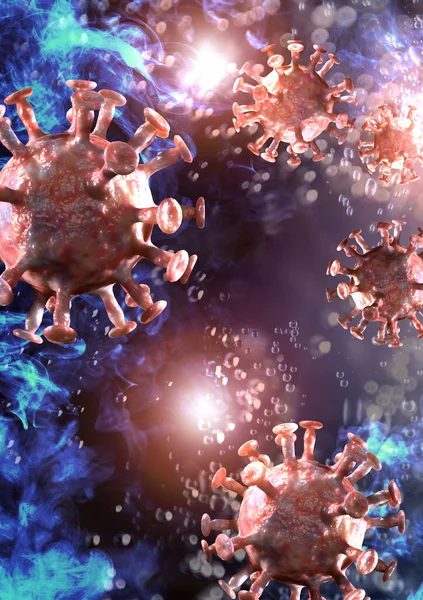 Koncepcja Zbliżeniowa Pływające Śmiertelne Komórki Koronawirusowe Ilustracja — Zdjęcie stockowe