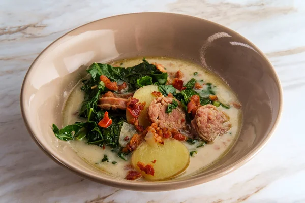 Sausage Kale Zuppa Toscana Italian Creamy Potato Soup — Stock Photo, Image