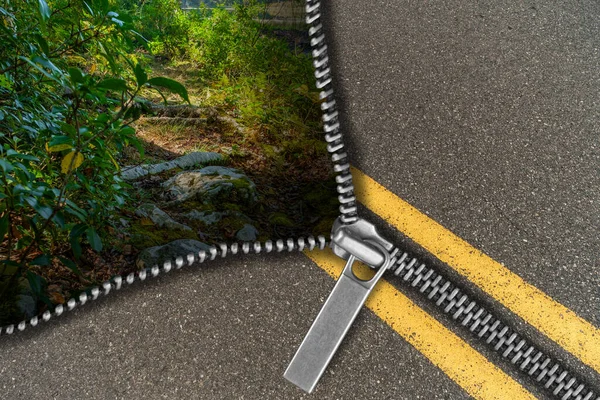 Zipper Highway Opens Reveal Lush Hiking Trail — Stock Photo, Image