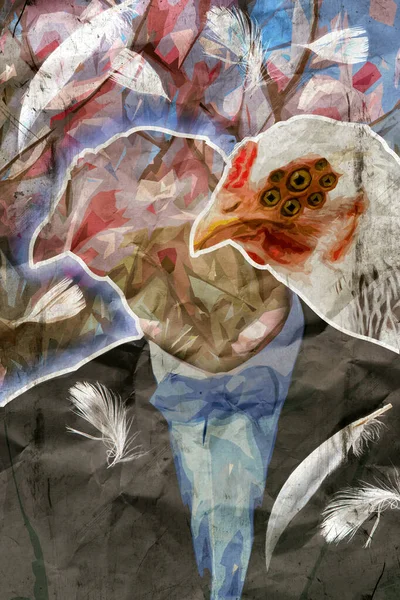 Collage anthropomorphic chicken with many eyes wearing businessman suit with flower background