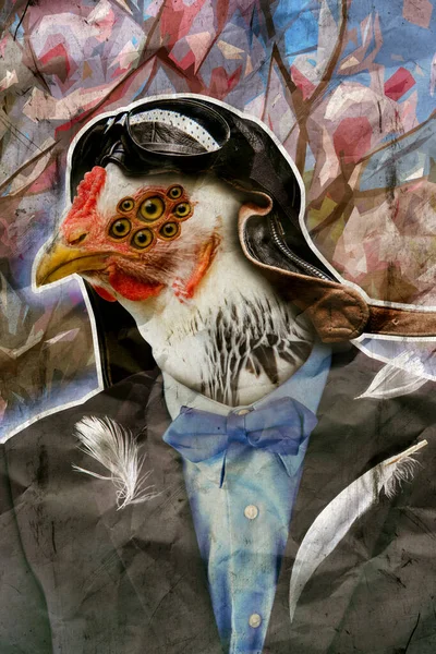 花の背景を持つビジネスマンのスーツを身に着けている多くの目を持つコラージュ擬人化鶏 — ストック写真