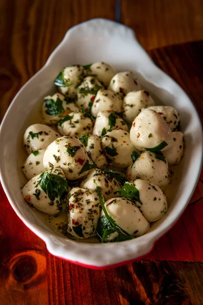 Marinated Bocconcini Baby Mozzarella Salad Basil Served Oval Porcelain Lasagna — Stock Photo, Image