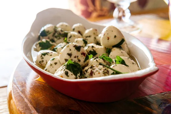 Marinated Bocconcini Baby Mozzarella Salad Basil Served Oval Porcelain Lasagna — Stock Photo, Image