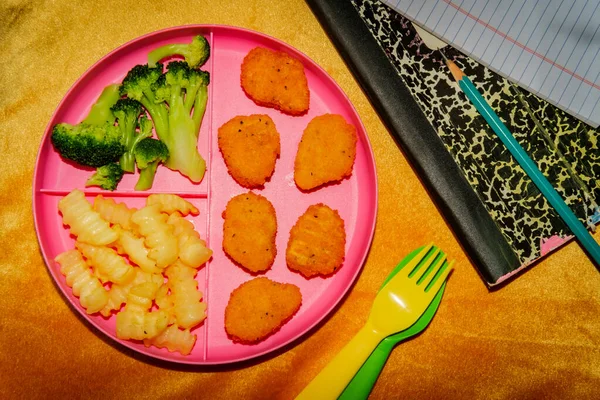 Home Schooling Chicken Nugget Lunch Served Tray French Fries Broccoli — Stock Photo, Image