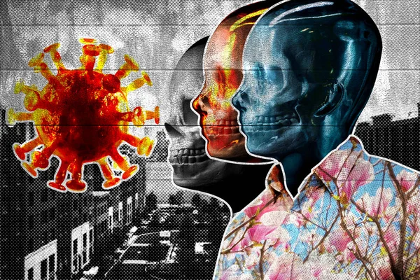 Abstracte Digitale Fotografische Collage Van Schedels Mensachtige Cyborg Met Coronavirus — Stockfoto