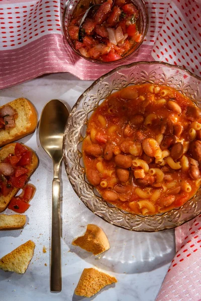 Sopa Feijão Tradicional Italiano Macarrão Fagioli Com Macarrão Cotovelo Servido — Fotografia de Stock