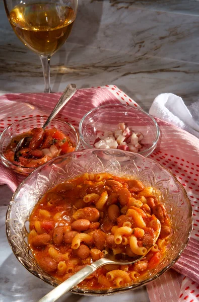 Sopa Feijão Tradicional Italiano Macarrão Fagioli Com Macarrão Cotovelo Servido — Fotografia de Stock