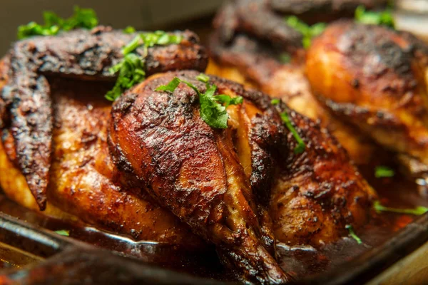Cooking Pan Peruvian Roasted Half Chicken Pollo Brasa — Stock Photo, Image