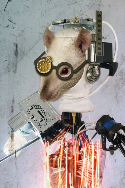 Abstraktní Koncept Kyborg Mechanické Bílé Laboratorní Krysy Koláž Ilustrace — Stock fotografie