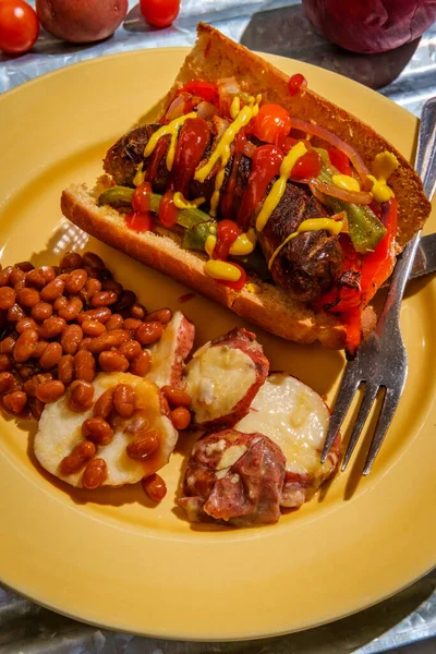 Sausage Onions Peppers Hoagie Sandwich Side Baked Beans German Potato — Stock Photo, Image