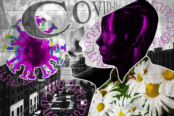 Abstract Digital Photo Graphic Collage Skulls Humanoid Cyborg Coronavirus Illustration — Stock Photo, Image