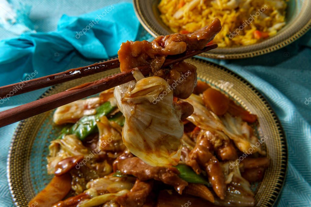 Chinese Cuisine Double Cooked Pork With Cabbage And Chicken Fried Rice Larastock Chinese Cuisine Double Cooked Pork With Cabbage And Chicken Fried Rice Larastock