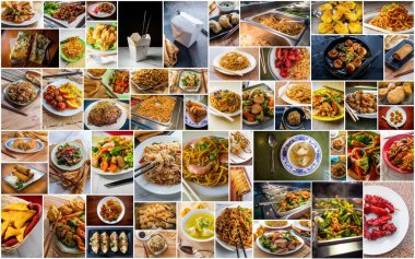 Variety of many popular chinese food dinners as collage background