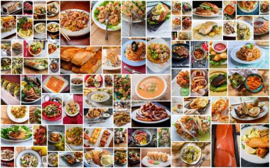 Popular seafood dishes from around the world in huge collage