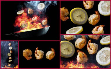 Stir frying and tossing shrimp with sliced lemon concept with steam smoke and flames as collage