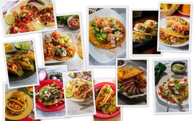 Variety of different Mexican taco recipes in collage for menu background